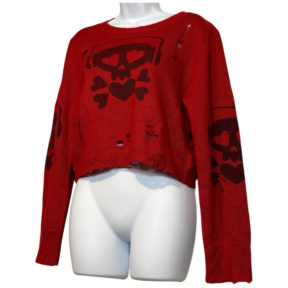 Cider Sweater Red Large Cropped Edgy Skull Goth Alt Grunge Alternative Punk - Picture 2 of 10